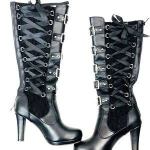 Womens Knee High Platform Boots Faux Leather Metal Buckle Lace Up